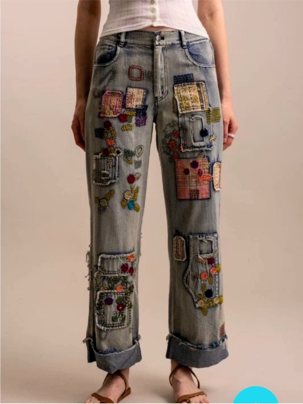 Blue Velvet Light Wash Embroidered Patchwork Wide-Leg Jeans